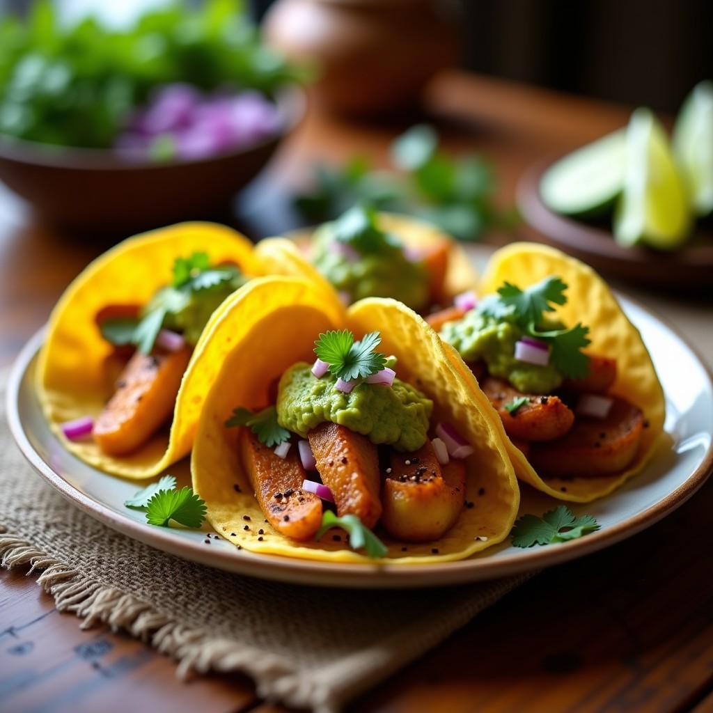 Plato de tacos de flor de calabaza ahumada sobre tortillas de maíz, bañados en salsa verde fresca y decorados con semillas de sésamo y cebolla morada, receta tradicional mexicana.