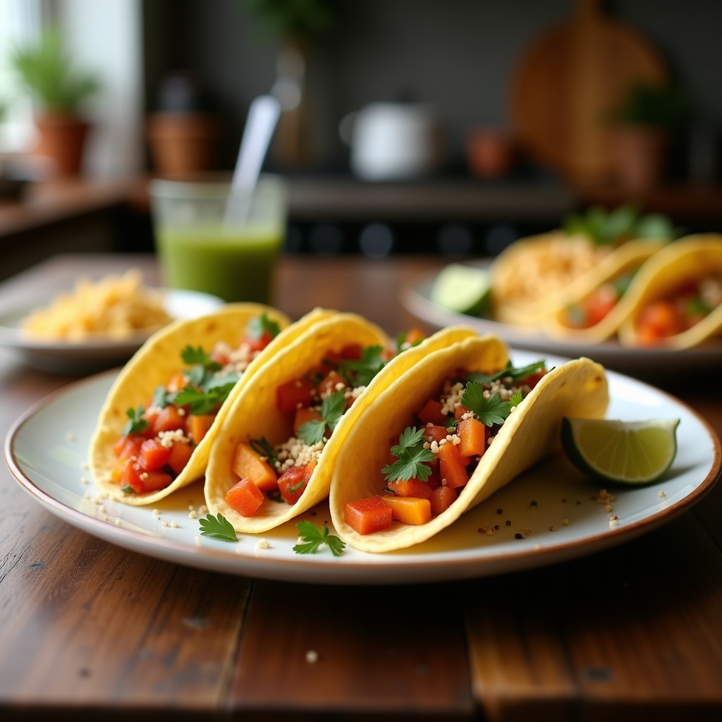 Tacos de maíz rellenos de flores de calabaza doradas y ahumadas, acompañados de cebolla morada encurtida, queso vegano desmenuzado y salsa de chipotle, servidos en un plato de barro rústico.