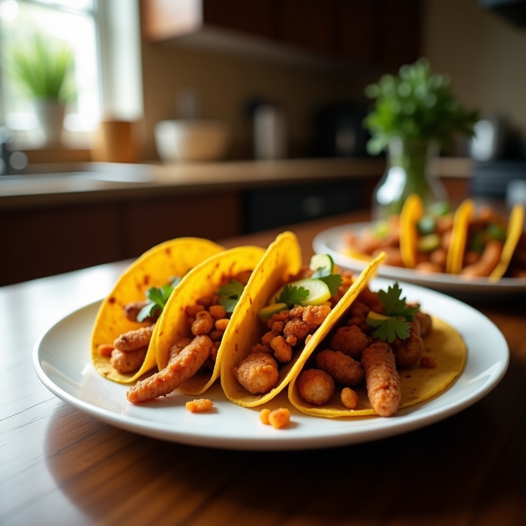 Plato blanco con tacos de higuitos fritos dorados y crujientes, apilados junto a un bol de salsa de ají amarillo, receta tradicional peruana.