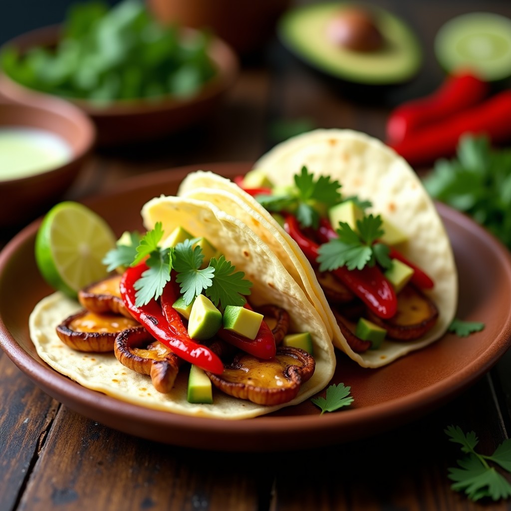Tacos abiertos de maíz rellenos de hongos chanterelle dorados y pimientos asados, con aguacate en cubos, cilantro fresco y un chorrito de limón, servidos en plato de barro rústico.
