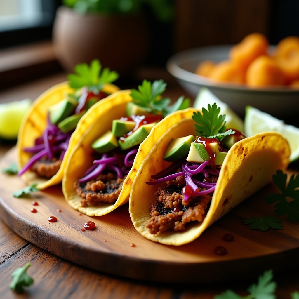 Tacos de hongo maitake crujientes en tortillas de maíz, rellenos de hongos dorados, aguacate, lechuga morada y salsa de chipotle, receta airfryer.