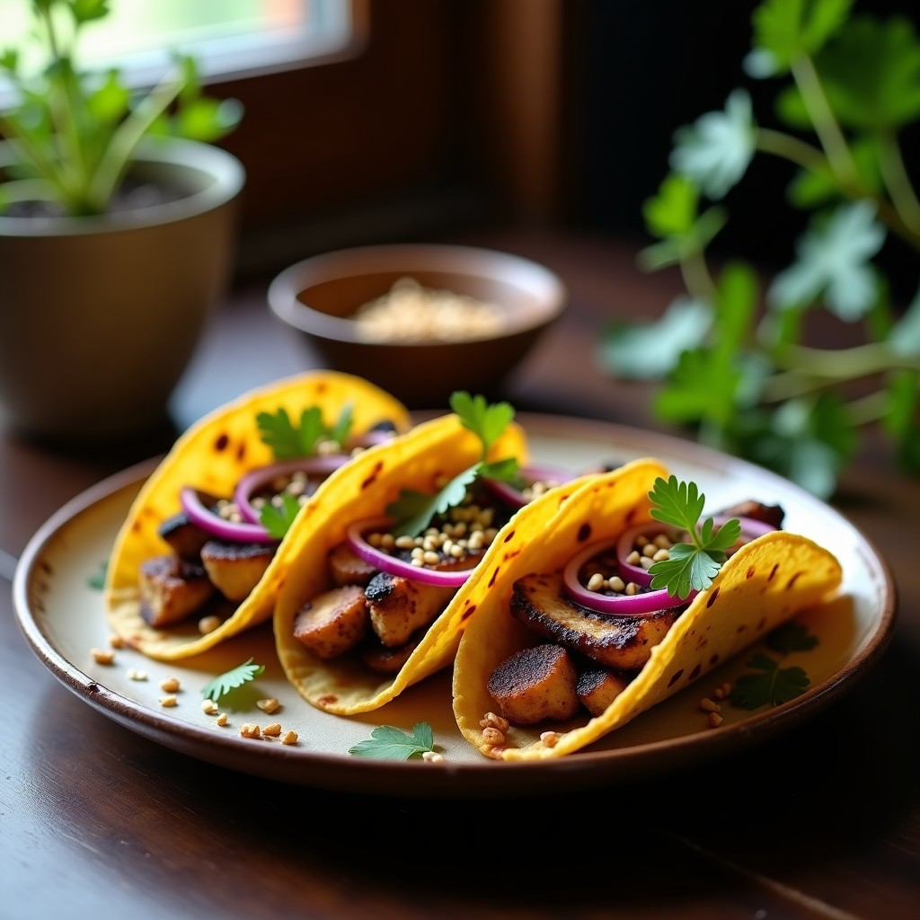 Tacos de hongo maitake dorados y crujientes en tortillas de maíz, decorados con cebolla morada, cilantro fresco y semillas de sésamo, servidos en un plato de barro rústico.