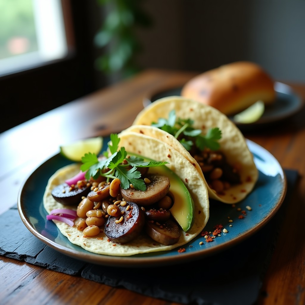 Plato de tacos abiertos de maíz azul rellenos de hongo ostrich y champiñones salvajes salteados, con aguacate, cebolla morada y cilantro fresco. Receta gourmet de tacos de hongo ostrich con toque ahumado.