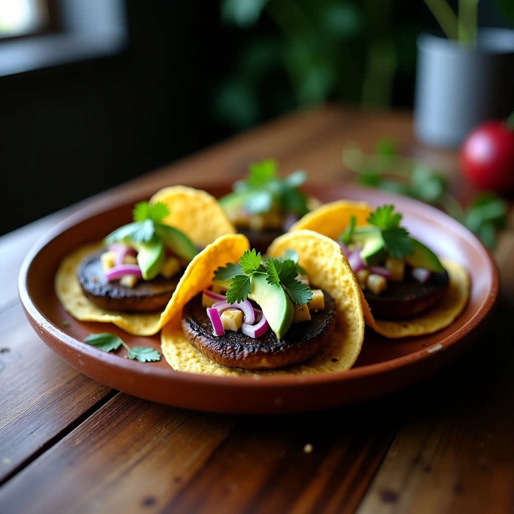 Tacos de hongo portobello ahumado en airfryer, servidos en tortillas de maíz con aguacate, cebolla morada y crema de anacardos, sobre un plato de barro rústico.