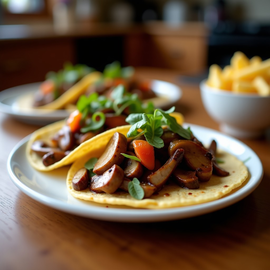 Plato de tacos veganos con láminas de hongo rey ahumado al chipotle, cebolla morada, aguacate y cilantro sobre tortillas de maíz doradas, servidos en un plato de barro rústico.