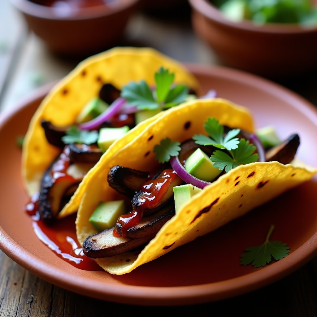 Tacos abiertos de maíz rellenos de hongos shitake ahumados dorados, cebolla morada, aguacate y cilantro fresco, bañados en salsa chipotle, sobre un plato de barro rústico.