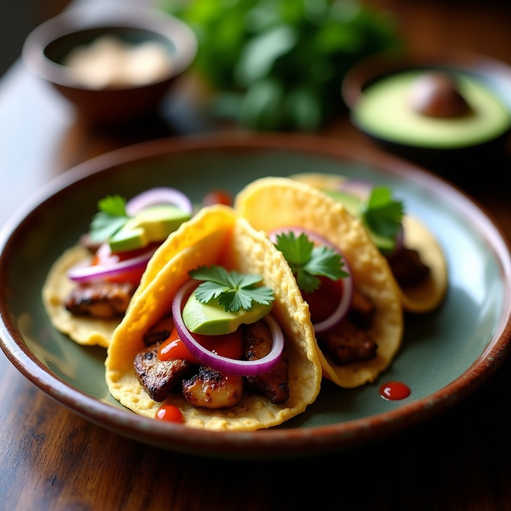 Tacos de hongo shitake crujientes en airfryer, con tortillas de maíz doradas, rellenos de láminas doradas de shitake, aguacate cremoso, cebolla morada y cilantro fresco, servidos en un plato de barro rústico.