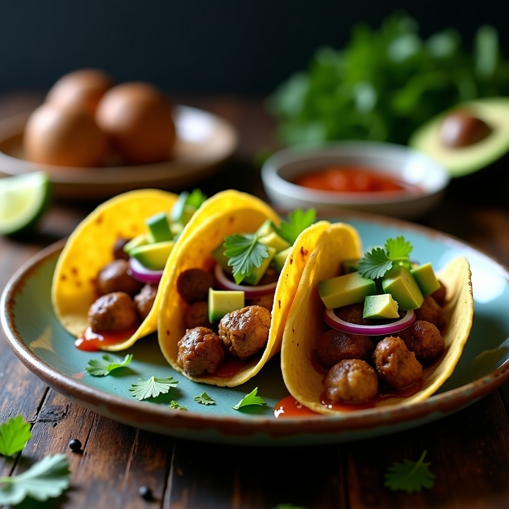 Plato con tacos de hongos maitake dorados y crujientes en tortillas de maíz, acompañados de aguacate, cebolla morada y cilantro fresco, receta vegana en airfryer.
