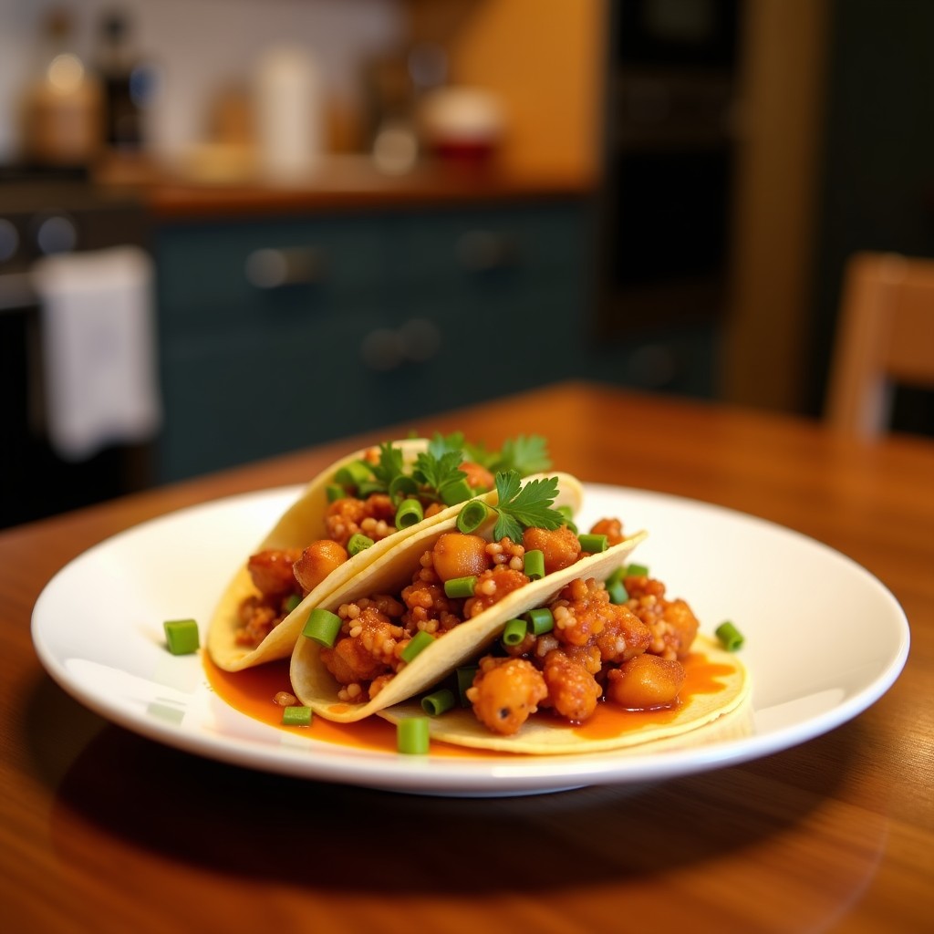 Tacos de hongos ostra al umami en airfryer, servidos en tortillas de maíz con aguacate, cebolla morada encurtida, cilantro fresco y semillas de sésamo tostadas, sobre un plato de barro rústico.