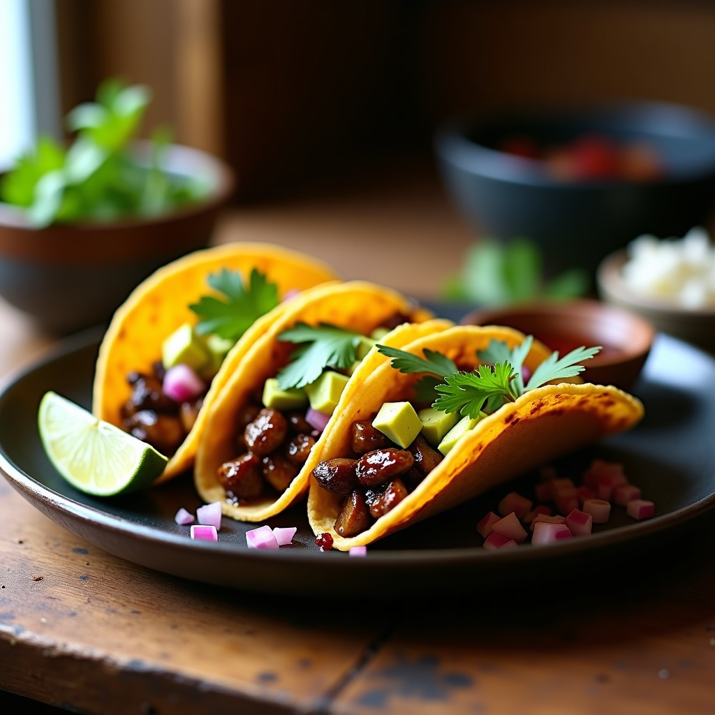 Tacos de hongos oyster ahumados en tortillas de maíz, con cebolla morada, aguacate y cilantro fresco, servidos en un plato de barra rústico.