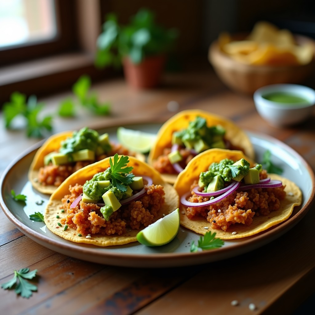 Tacos veganos de hongos oyster dorados en airfryer, servidos en tortillas de maíz con salsa verde cremosa, aguacate en cubos y semillas de sésamo, sobre tabla de madera rústica.