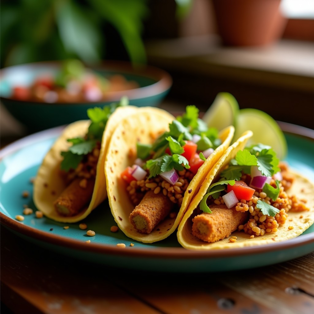 Plato de tacos veganos con hongos oyster dorados, salsa fresca de verdolaga, tomate y cebolla morada, servidos en tortillas de maíz azules con semillas de sésamo.