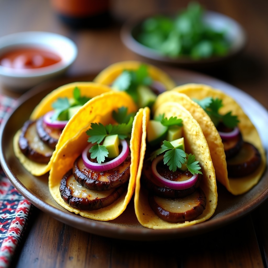 Tacos de hongos portobello ahumados en airfryer, servidos en tortillas de maíz con aguacate, cebolla morada y cilantro, sobre un plato de barro rústico.