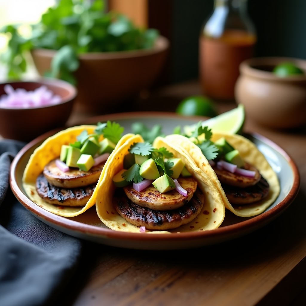 Tres tacos de hongos portobello al chipotle en tortillas de maíz, con aguacate, cebolla morada y cilantro fresco, servidos en un plato de barro rústico.