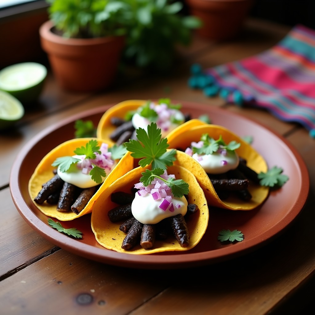 Plato de tacos de huitlacoche con queso panela dorado sobre tortillas de maíz azules, decorados con crema ácida, cebolla morada y cilantro fresco, receta auténtica mexicana.