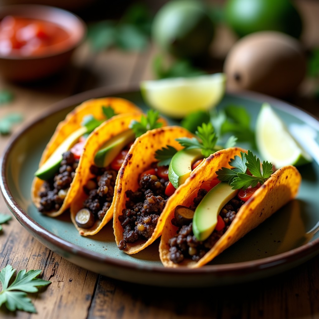 Tacos de huitlacoche veganos en airfryer, con tortillas de maíz azules crujientes rellenas de mezcla oscura de setas y especias, acompañados de rodajas de aguacate y limón sobre un plato de barro rústico.
