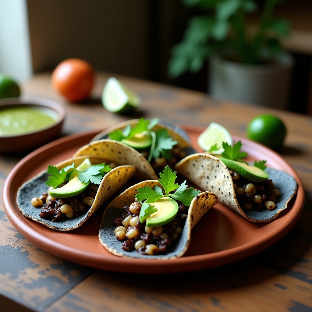 Plato de tacos de huitlacoche veganos con tortillas de maíz azul, rellenos de setas portobello y huitlacoche, decorados con aguacate, cilantro y limón sobre fondo rústico de madera.