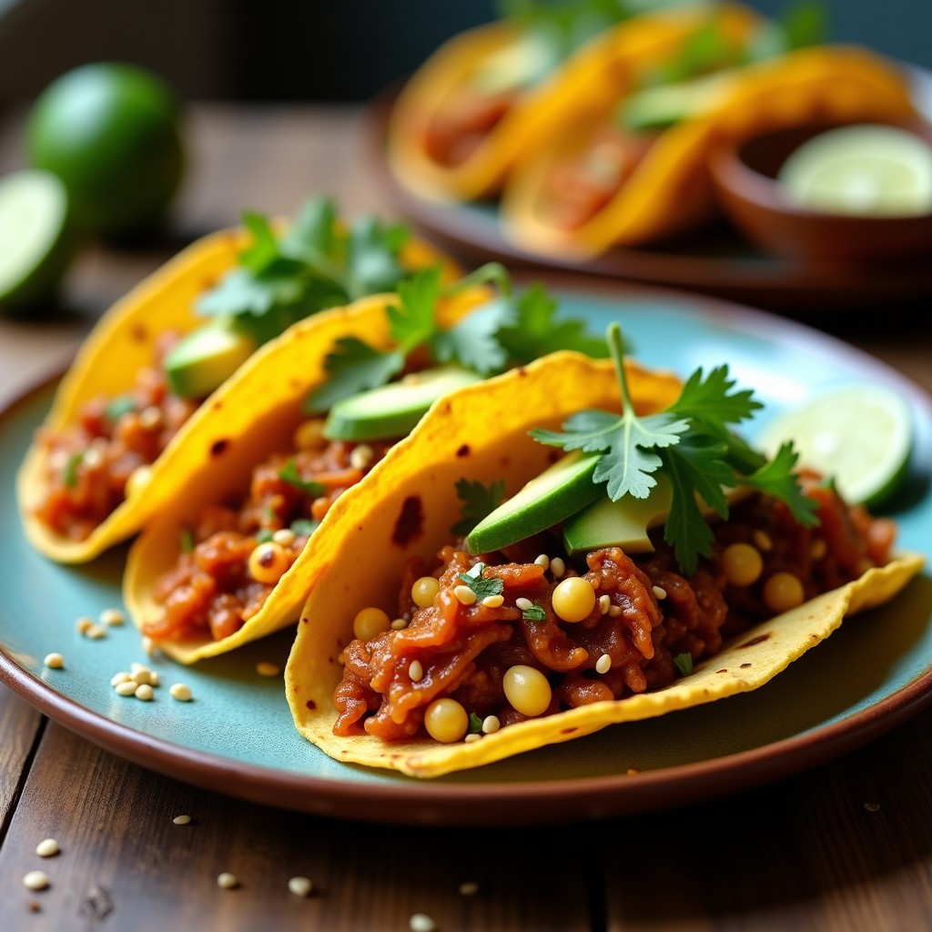 Plato de tacos veganos rellenos de jackfruit desmenuzada al chipotle, con aguacate, cilantro y semillas de sésamo, servidos en tortillas de maíz con fondo rústico.