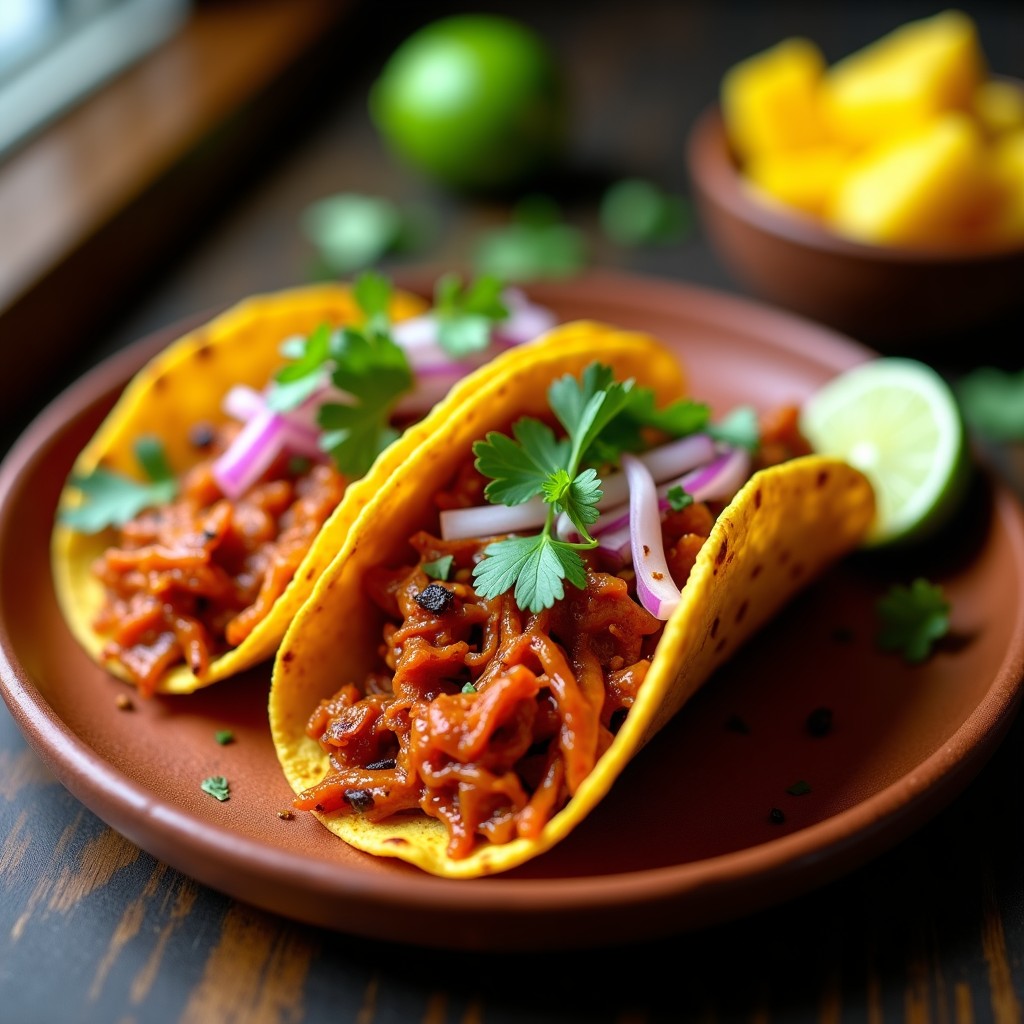 Tacos de jackfruit al pastor veganos servidos en tortillas de maíz doradas, con trozos de piña caramelizada, cebolla morada y cilantro fresco, sobre un plato de barro rústico.