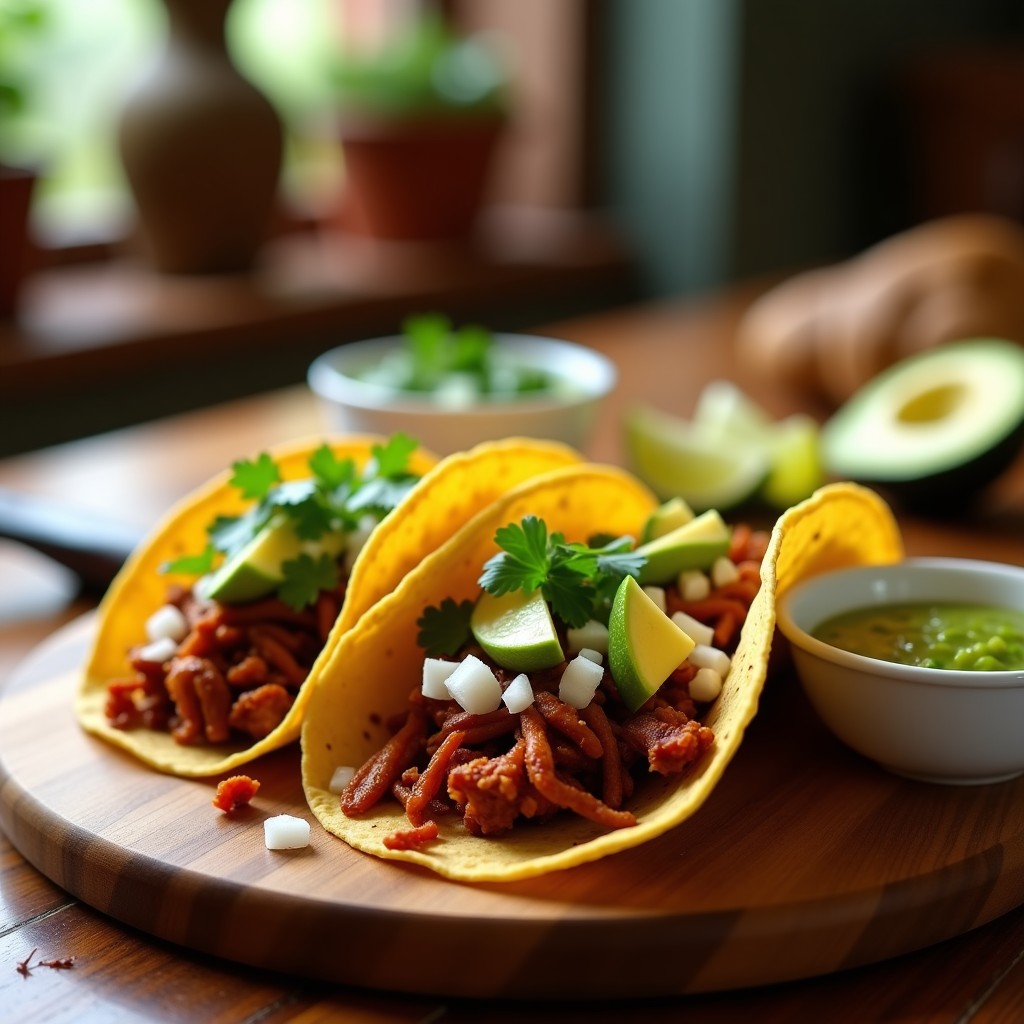 Tacos de maíz rellenos de jackfruit desmenuzada estilo carnitas, dorada y jugosa, acompañados de aguacate en cubos, cilantro fresco y gajos de limón sobre una tabla de madera rústica.