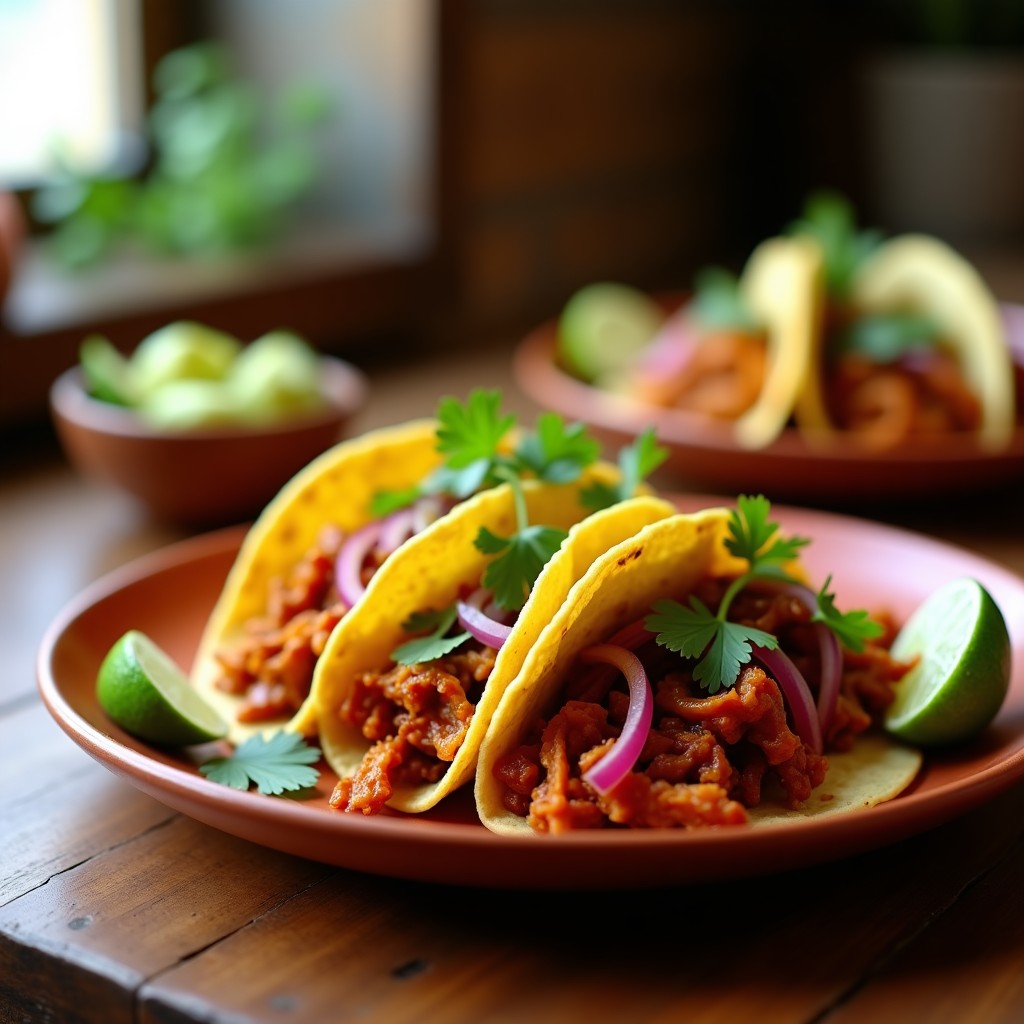 Tacos de jackfruit desmenuzado ahumado en tortillas de maíz doradas, acompañados de cebolla morada, pimiento rojo y cilantro fresco, servidos en plato rústico de barro.