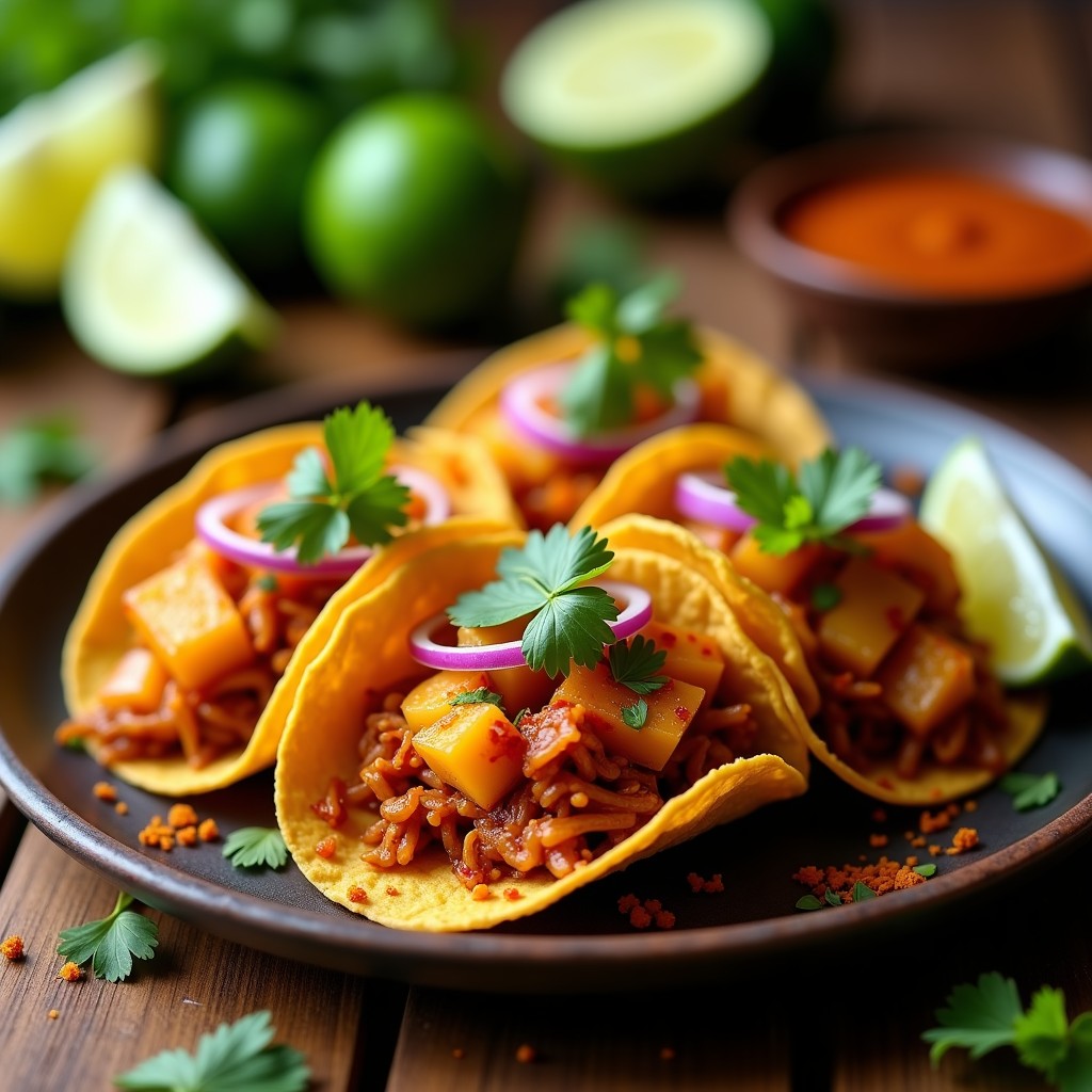 Tacos de jackfruit al pastor veganos en tortillas de maíz, rellenos de hebras doradas de jackfruit, piña caramelizada, cebolla morada y cilantro fresco, servidos en un plato de barro con rodajas de limón.