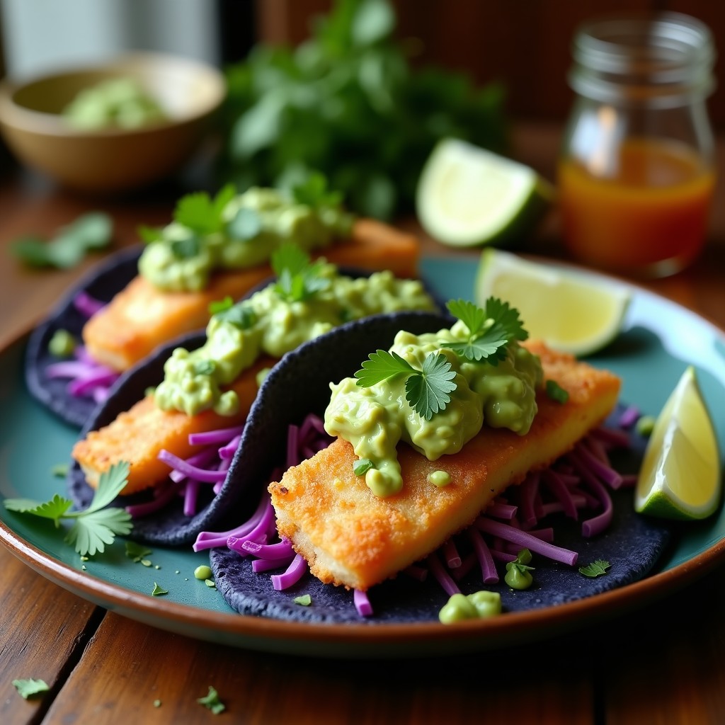 Tacos de pescado encurtido estilo Baja California con filetes dorados, repollo morado, aguacate y salsa verde cremosa sobre tortillas de maíz azules, decorados con cilantro fresco.
