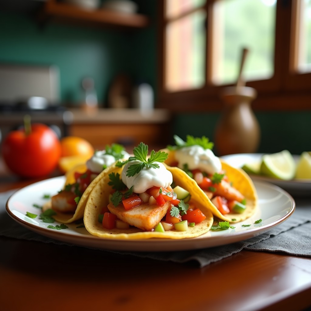 Tacos de Pescado Estilo Ensenada con Salsa Blanca Cremosa y Pico de Gallo Fresco