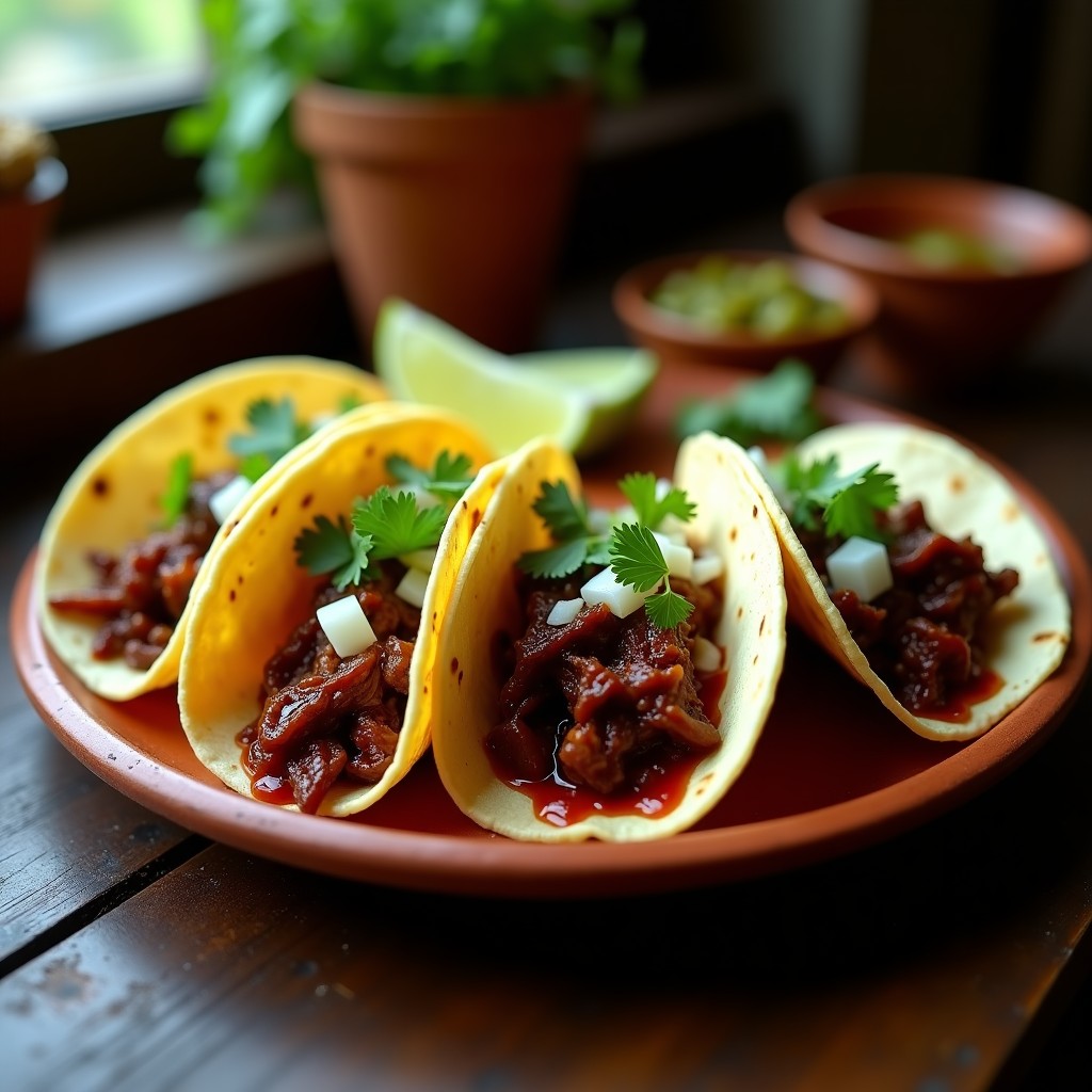Plato de tacos de rabo de gallo asado con chile pasilla, servidos en tortillas de maíz azules, acompañados de cebolla morada, cilantro y salsa verde, receta tradicional mexicana.