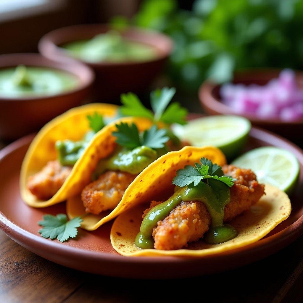 Plato de tacos de rabo de gallo dorado y crujiente, bañados en salsa verde fresca, servidos en tortillas de maíz con cebolla morada y limón.