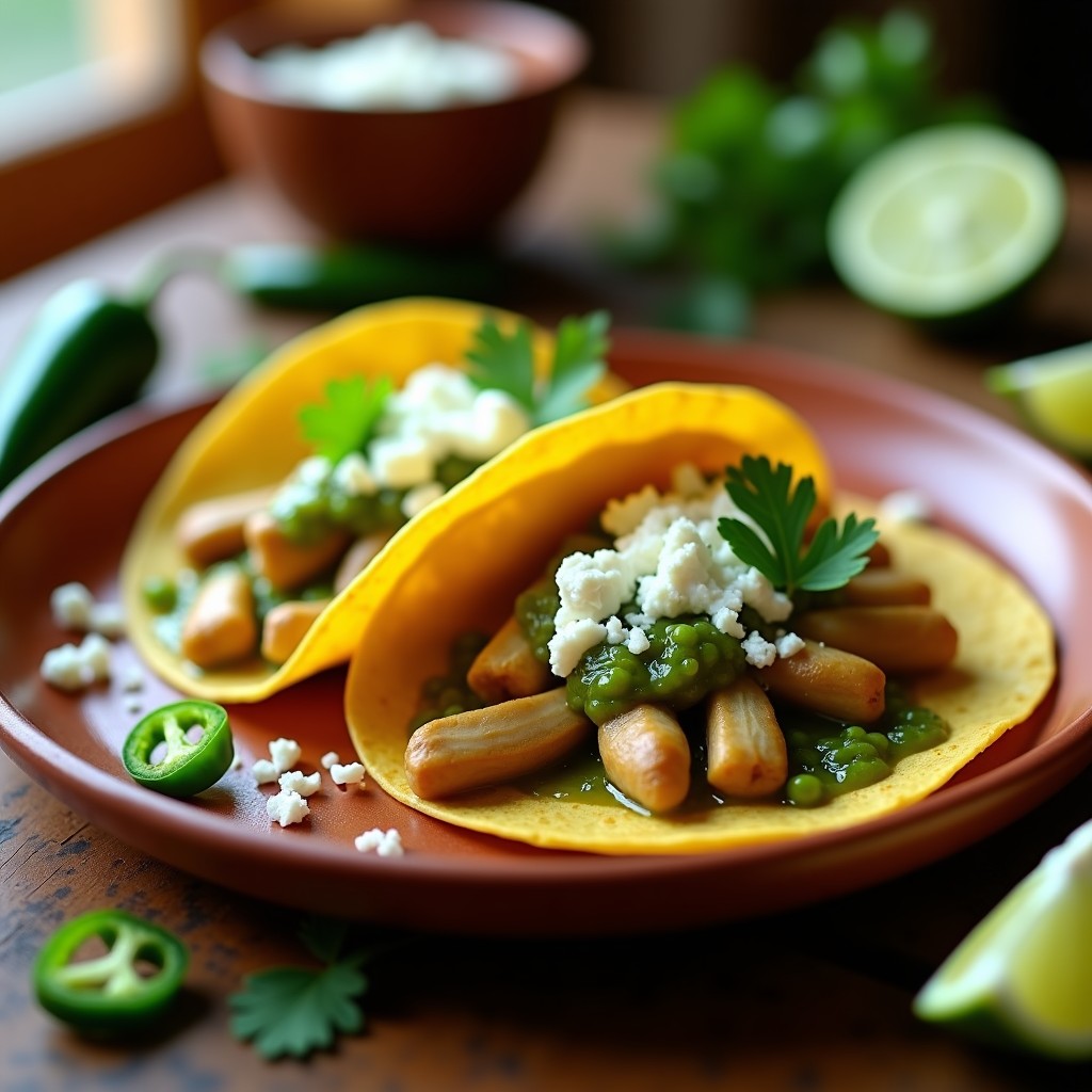 Plato de tacos de rabo de gallo mexicanos con mollejas tiernas en salsa verde, queso fresco desmenuzado y crema de cilantro sobre tortillas de maíz doradas.