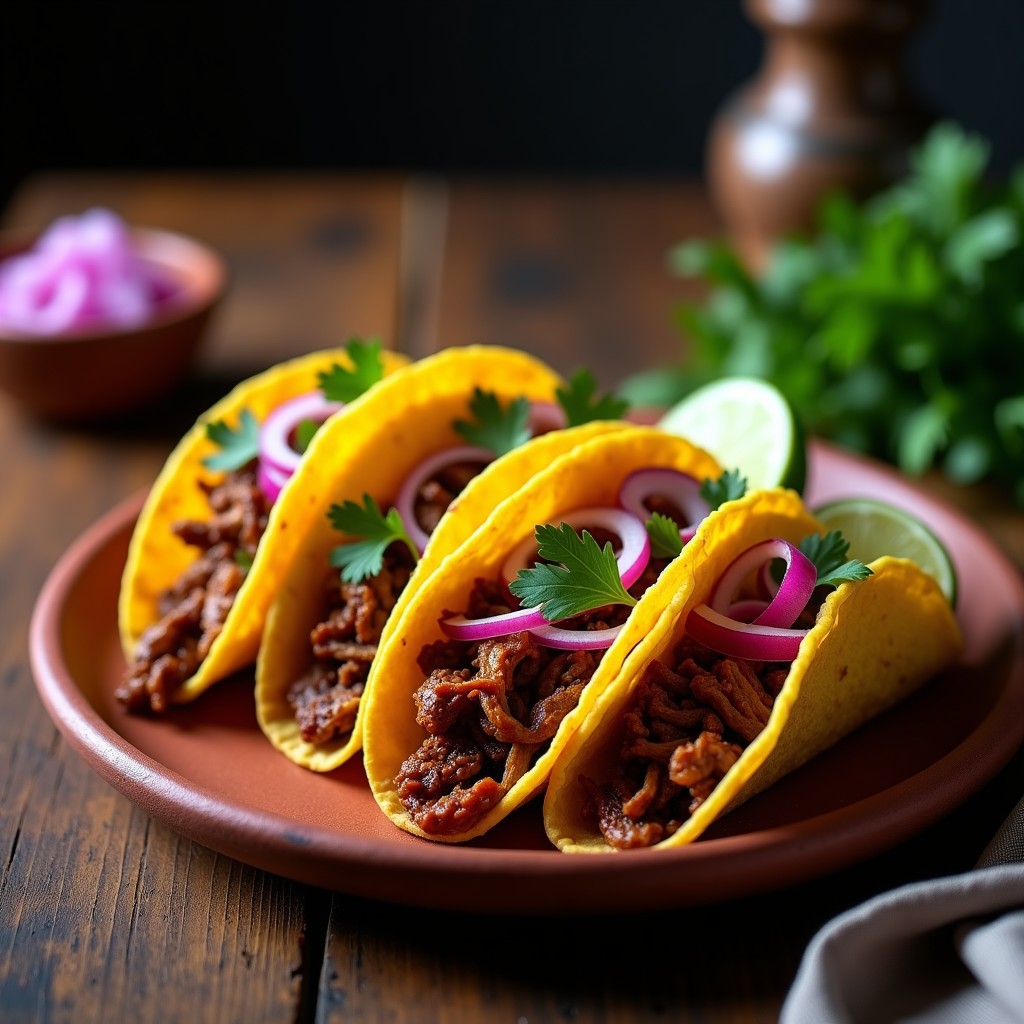 Tacos de maíz dorados rellenos de rabo de toro desmenuzado crujiente, cebolla morada encurtida, cilantro fresco y salsa picante, servidos en plato de barro con gajos de limón.