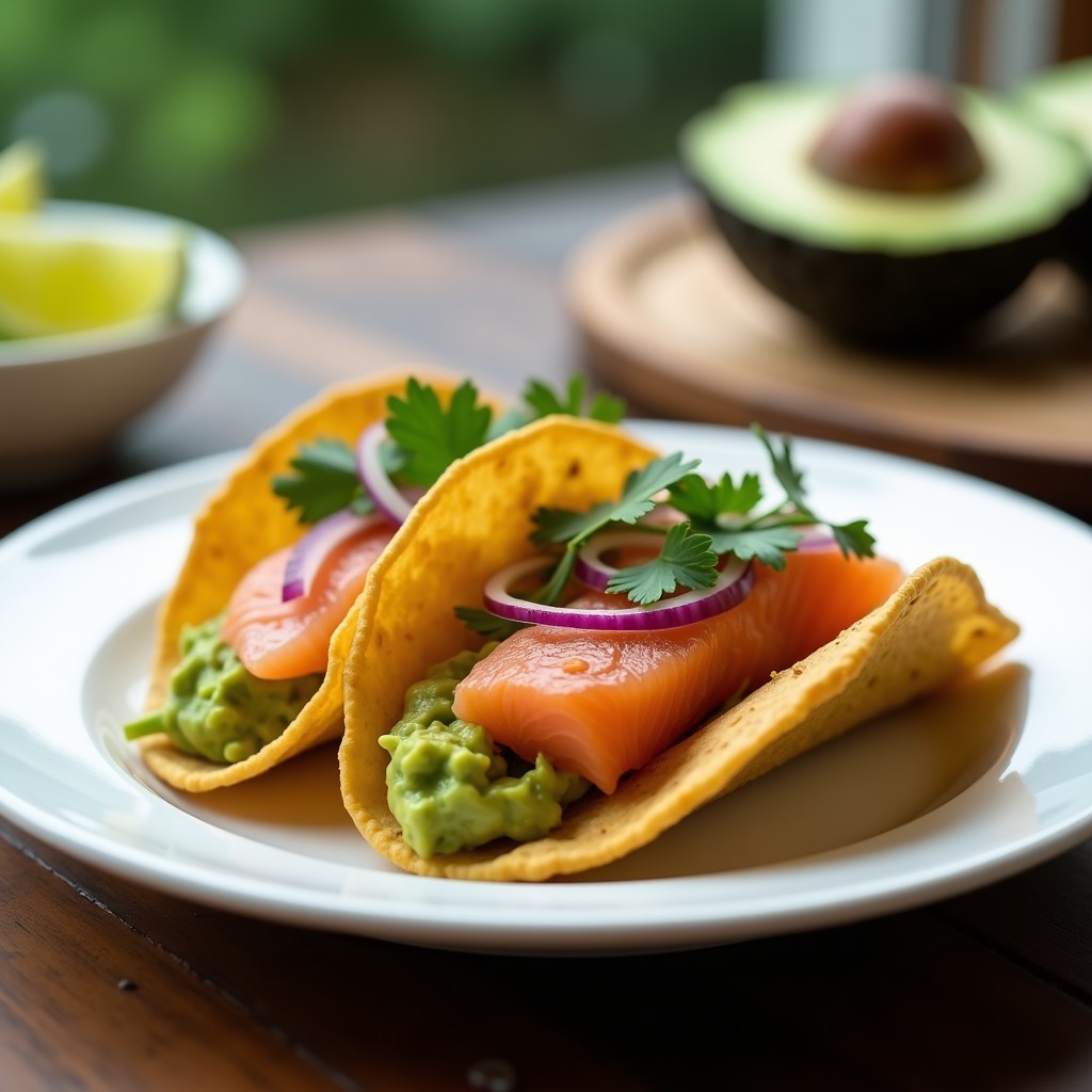 Plato blanco con tacos dorados crujientes rellenos de aguacate cremoso y pescado ahumado, decorados con cebolla morada y cilantro fresco. Receta de tacos dorados de aguacate y pescado ahumado.