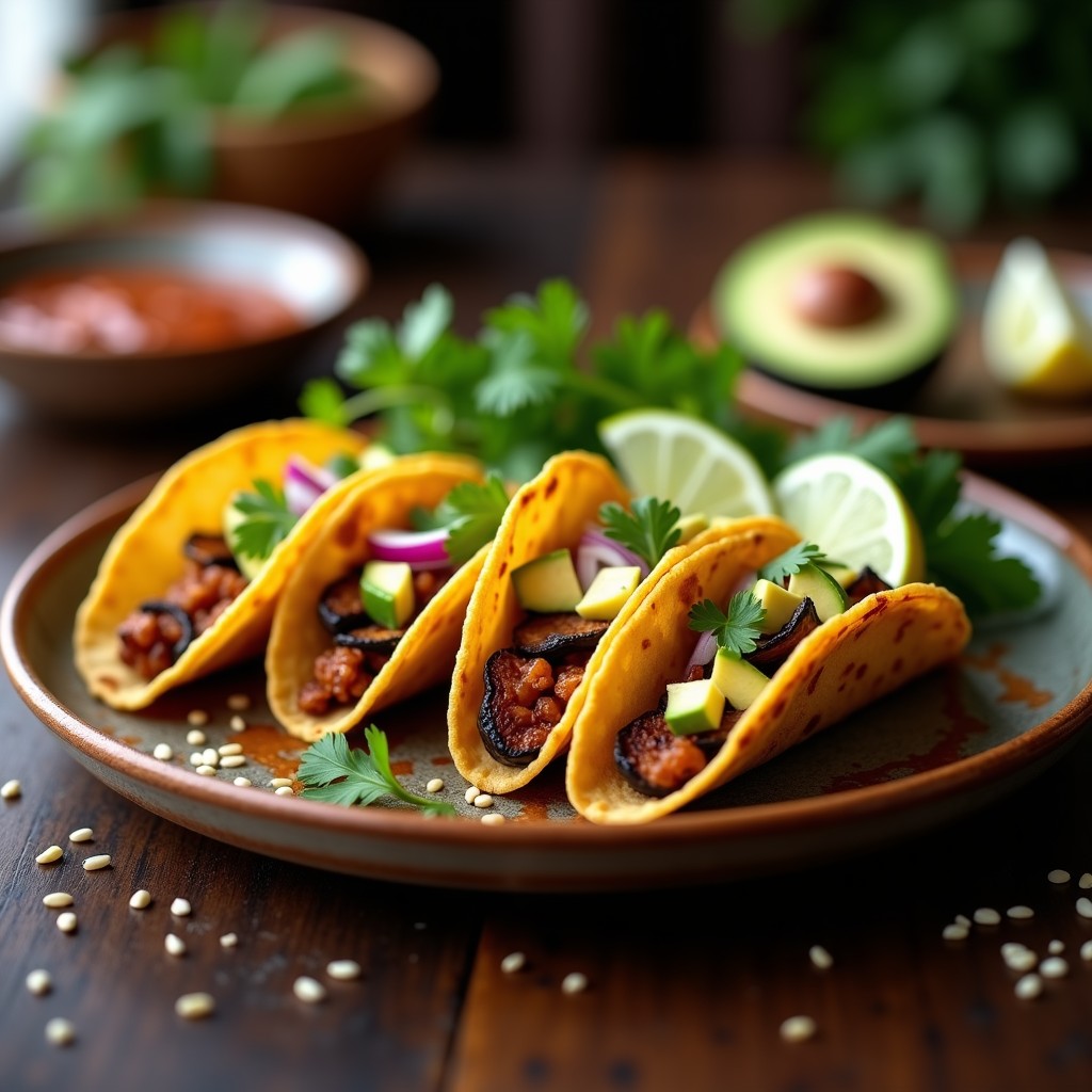 Tacos dorados de berenjena ahumada en airfryer, servidos en plato de barro con aguacate y salsa de chipotle, receta vegana y crujiente.