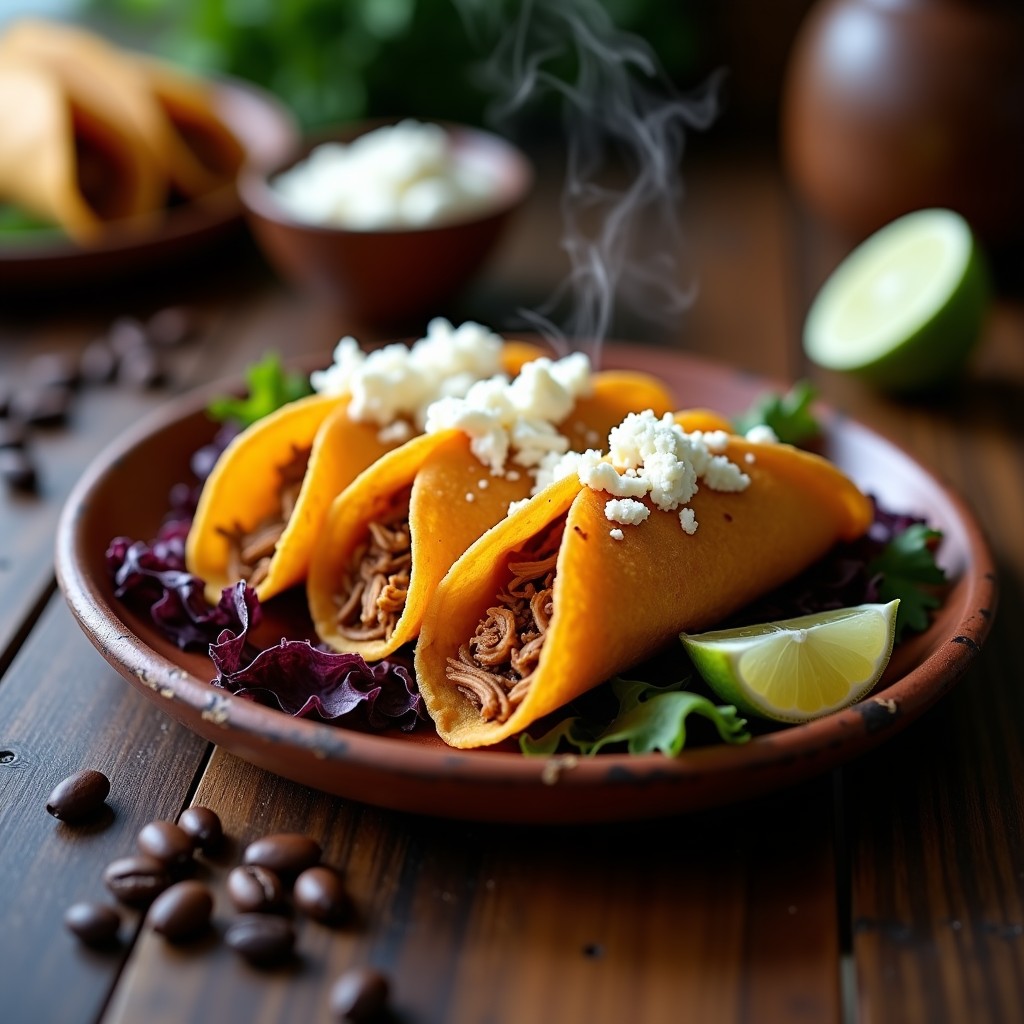 Plato de tacos dorados crujientes rellenos de pollo desmenuzado al café ahumado, servidos sobre lechuga morada con crema agria y queso fresco, receta olla lenta.