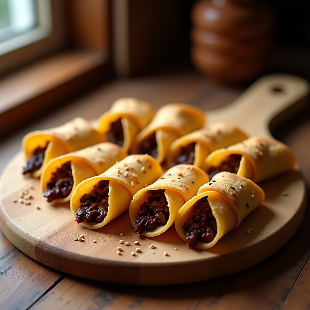 Tacos dorados crujientes rellenos de mezcla de café y cacahuete, espolvoreados con semillas de sésamo, sobre tabla de madera rústica con fondo borroso.