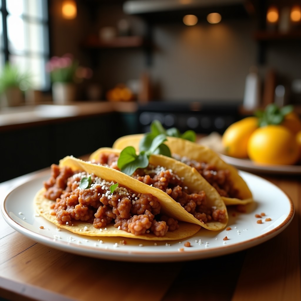 Tacos dorados crujientes de café y cacao veganos, con almendras fileteadas, dispuestos en un plato de barro sobre fondo oscuro. Receta energética y sin azúcar.