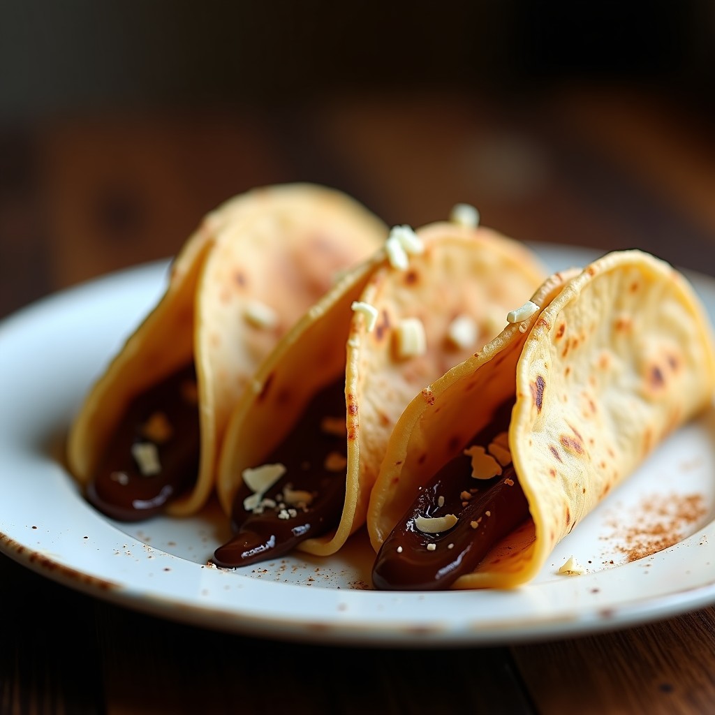 Tacos dorados crujientes rellenos de mezcla oscura de café y chocolate amargo, servidos en plato blanco rústico con virutas de chocolate por encima.