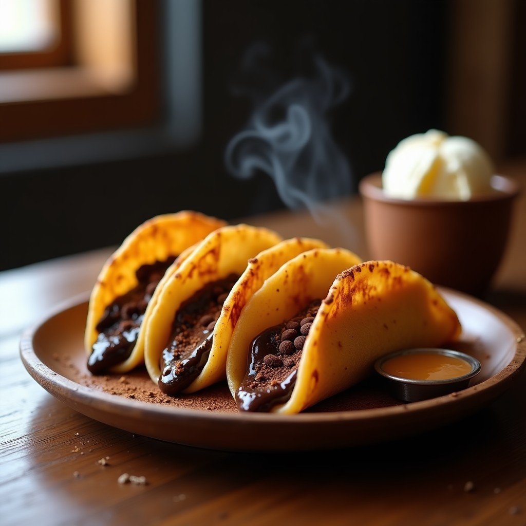 Tacos dorados crujientes rellenos de crema de chocolate negro y café, servidos en un plato rústico con espolvoreado de café molido y canela.