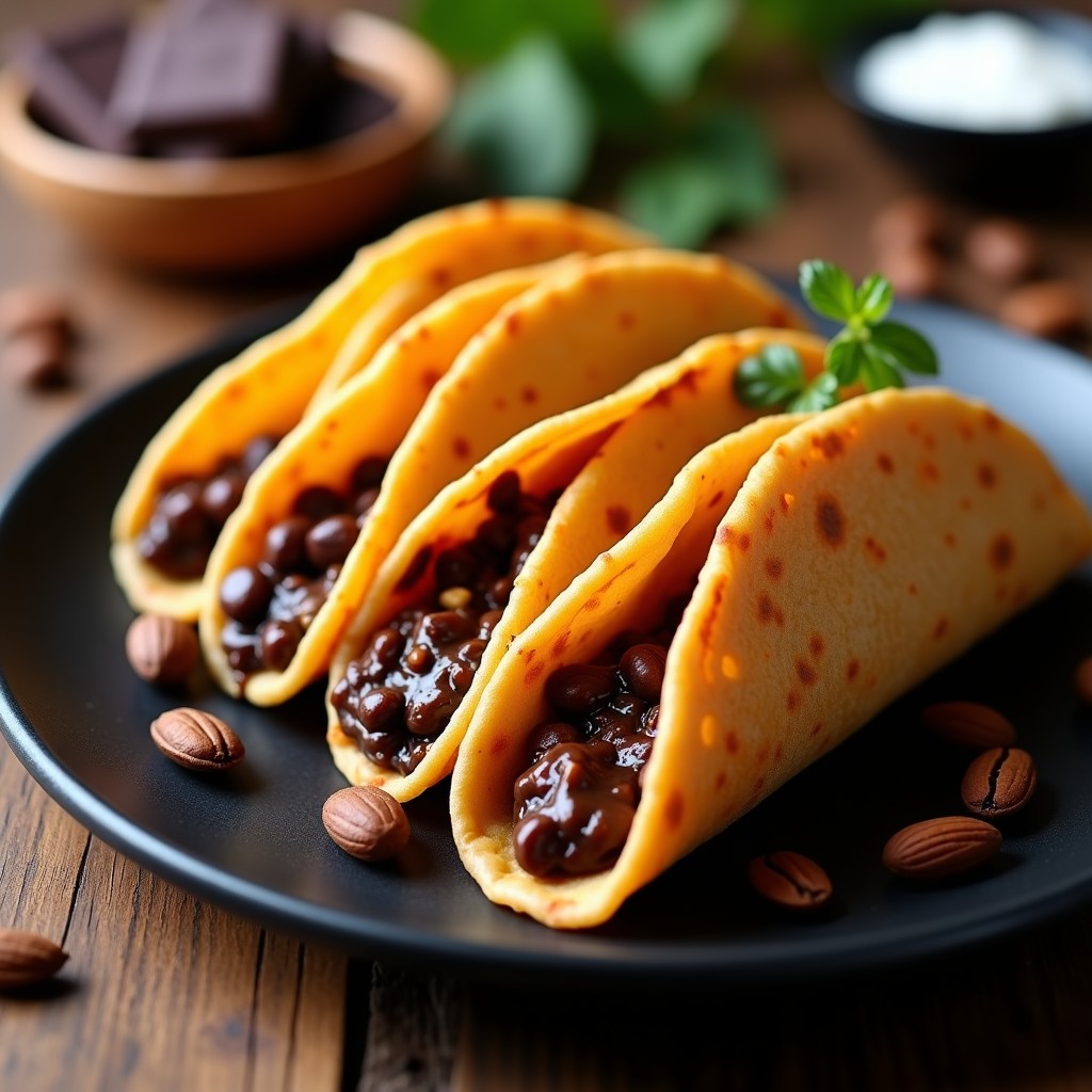 Tacos dorados veganos de café y chocolate servidos en plato negro, con textura crujiente y brillo del chocolate derretido, acompañados de granos de café y virutas de chocolate.