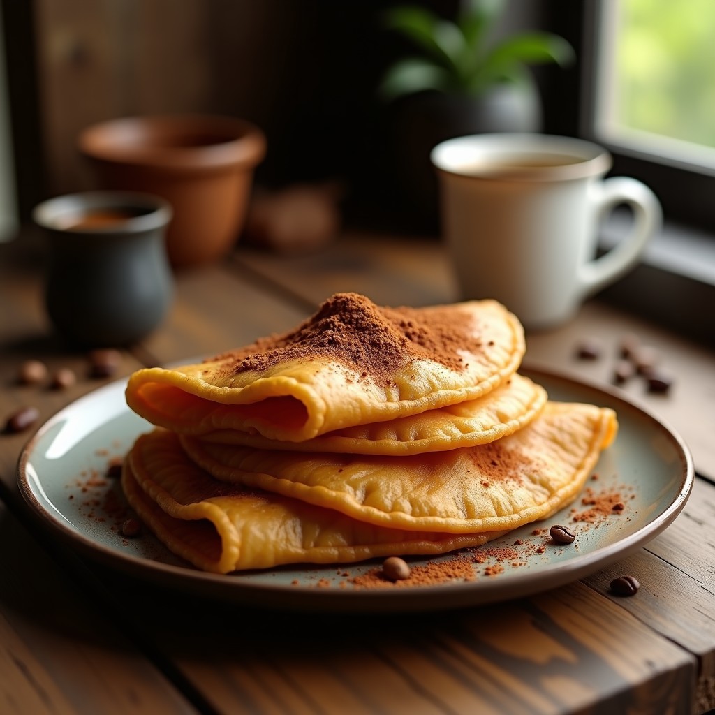 Plato de tacos dorados de café colombiano apilados, con textura crujiente y espolvoreados con azúcar panela y café molido, sobre fondo rústico de madera.