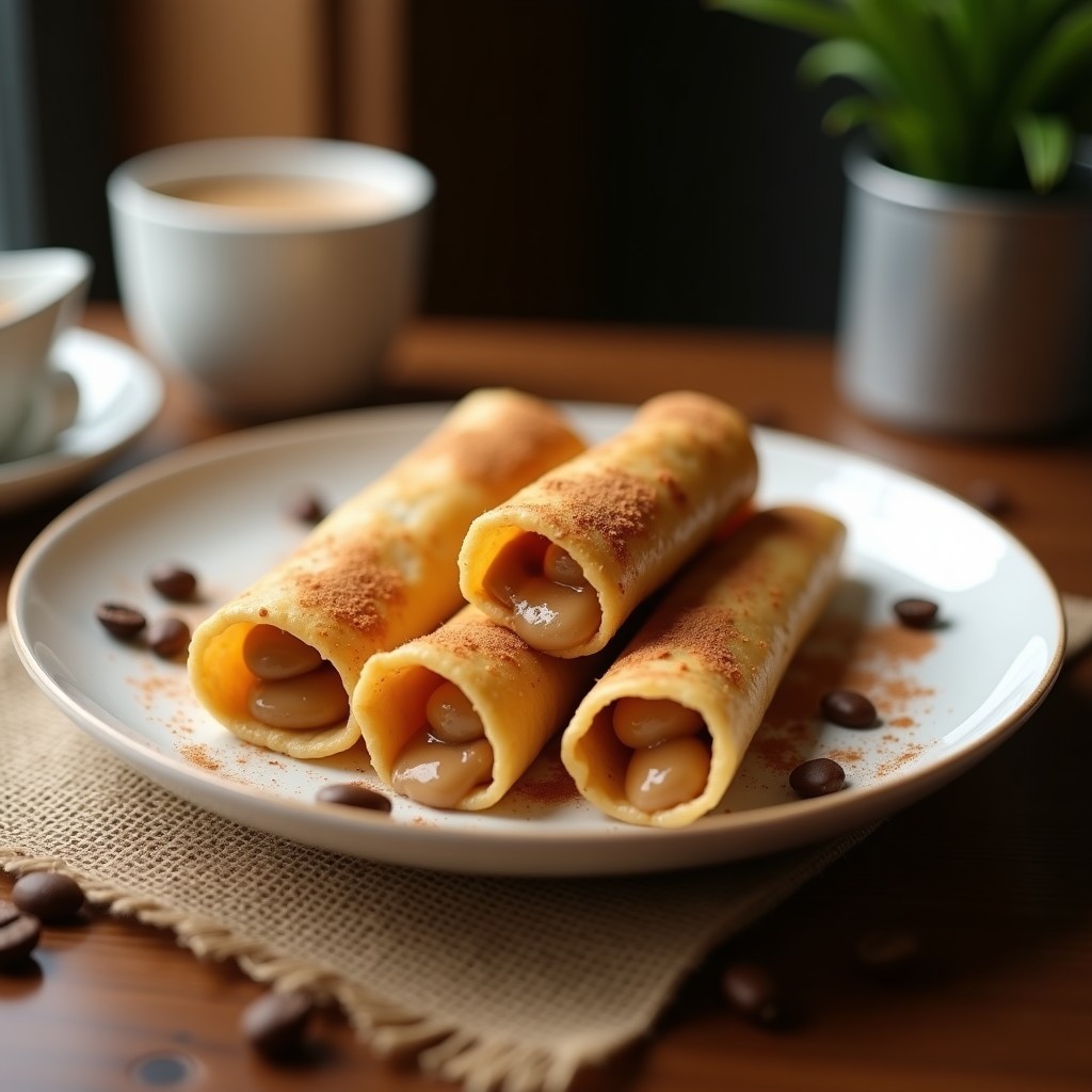 Plato blanco con tacos dorados de café colombiano apilados, rellenos de crema de arequipe y café, espolvoreados con canela y azúcar moreno sobre un mantel rústico.