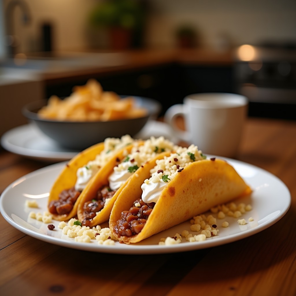 Tacos dorados crujientes rellenos de crema de café con leche, espolvoreados con canela y azúcar, servidos en un plato blanco con fondo rústico.