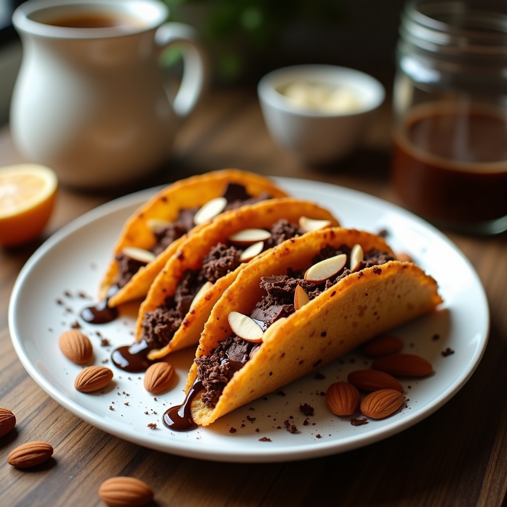Tacos dorados y crujientes de café con espresso, espolvoreados con virutas de chocolate negro y almendras fileteadas, servidos en un plato blanco sobre fondo de madera rústica.