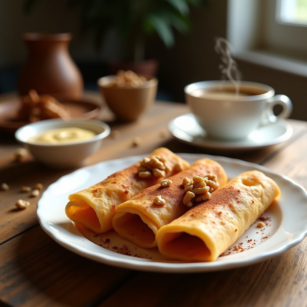Plato con tacos dorados de café crujientes, servidos con crema de queso y miel, espolvoreados con nueces picadas, sobre una mesa rústica de madera.