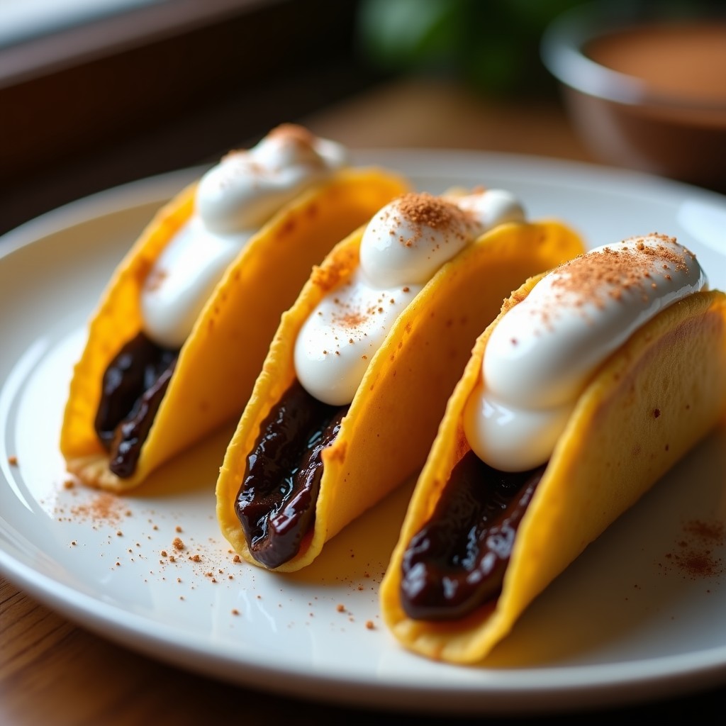 Tacos dorados crujientes rellenos de pasta de café, servidos en plato blanco con espuma de cannabis cremosa y espolvoreados con canela.