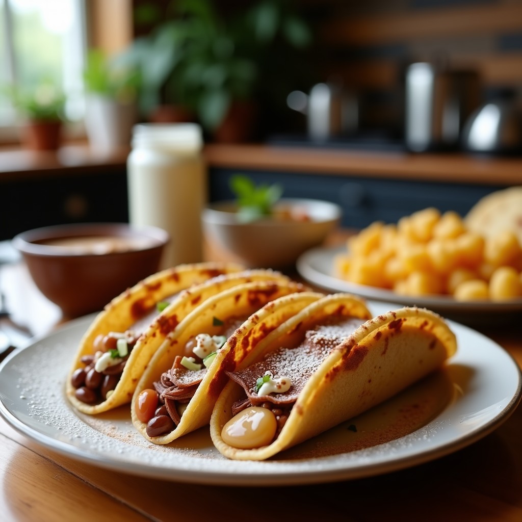 Plato blanco con seis tacos dorados de café apilados, espolvoreados con canela y acompañados de espuma cremosa de canela en un bol pequeño al lado.