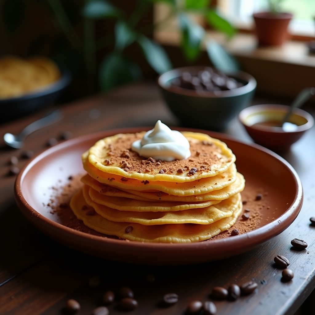 Tacos dorados de café apilados en un plato de barro rústico, con un chorrito de miel de agave y crema agria, sobre fondo oscuro con granos de café esparcidos.