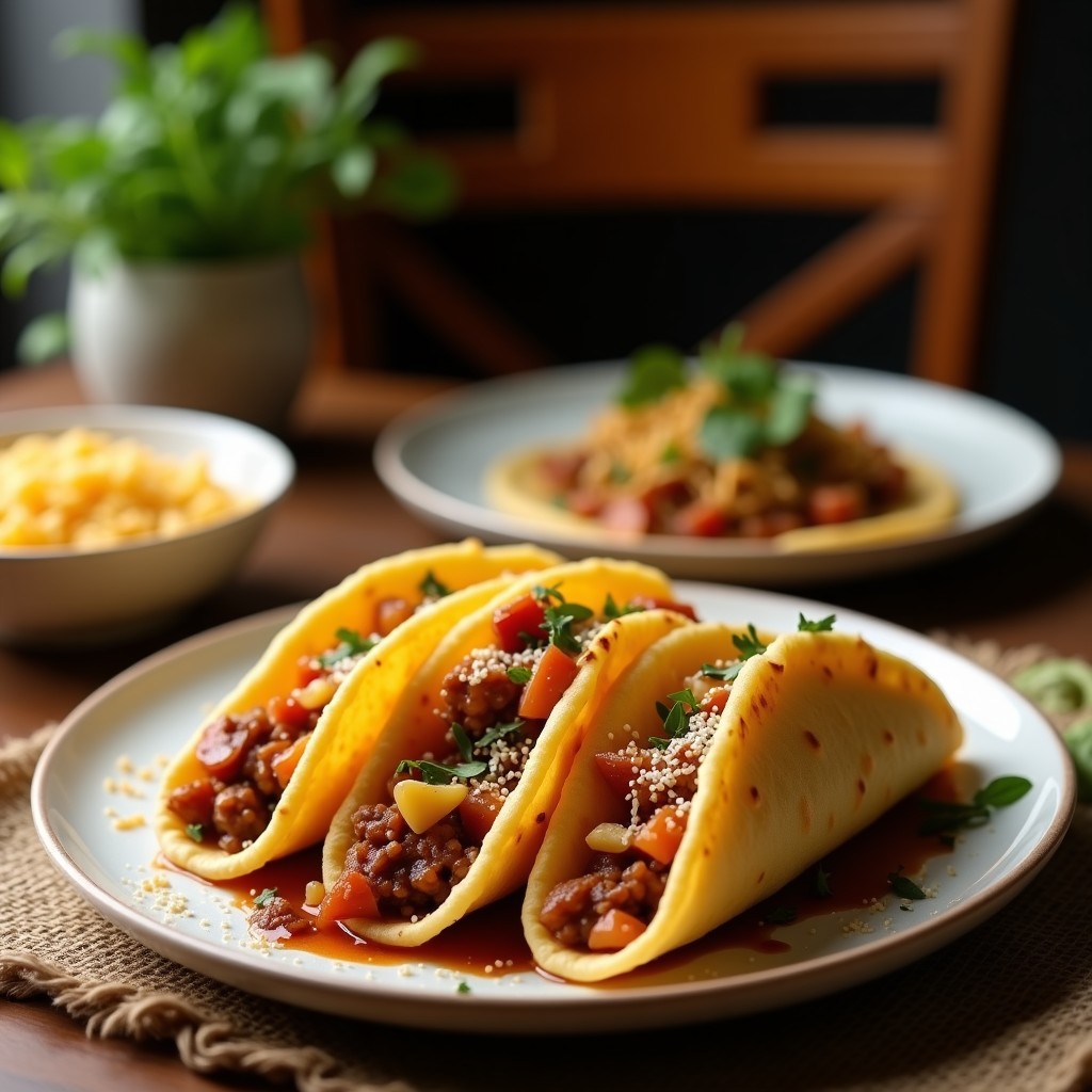 Plato de tacos dorados de café expreso con relleno de tofu marinado en café y cacao, acompañados de rodajas de plátano caramelizado y semillas de chía, sobre fondo rústico de madera.