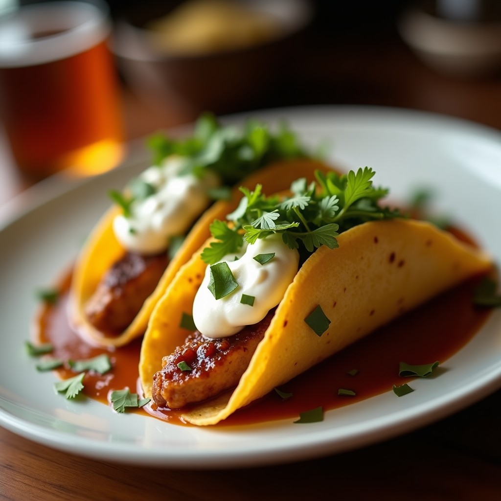 Tacos dorados crujientes rellenos de crema pastelera de vainilla, bañados en glaseado de café moka y espolvoreados con azúcar glass, servidos en un plato blanco sobre fondo rústico.